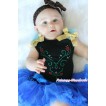 Black Baby Pettitop with Light Blue Ruffles & Sparkle Goldenrod Bows with Sparkle Crystal Bling Rhinestone Princess Anna Print & Royal Blue Newborn Pettiskirt With Brown Headband Brown Silk Bow NG1458 